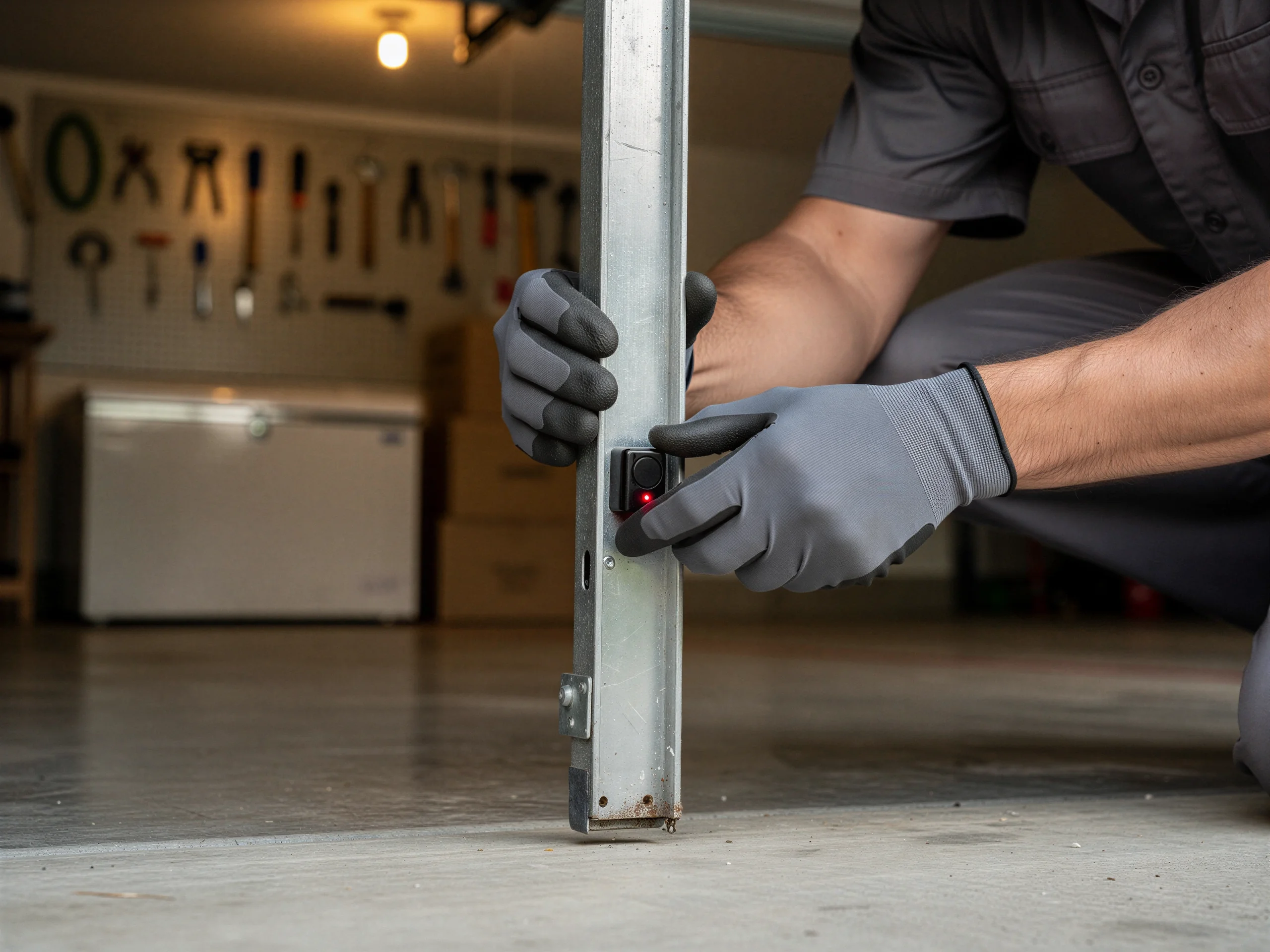 A technician in gloves adjusts a garage door safety sensor.