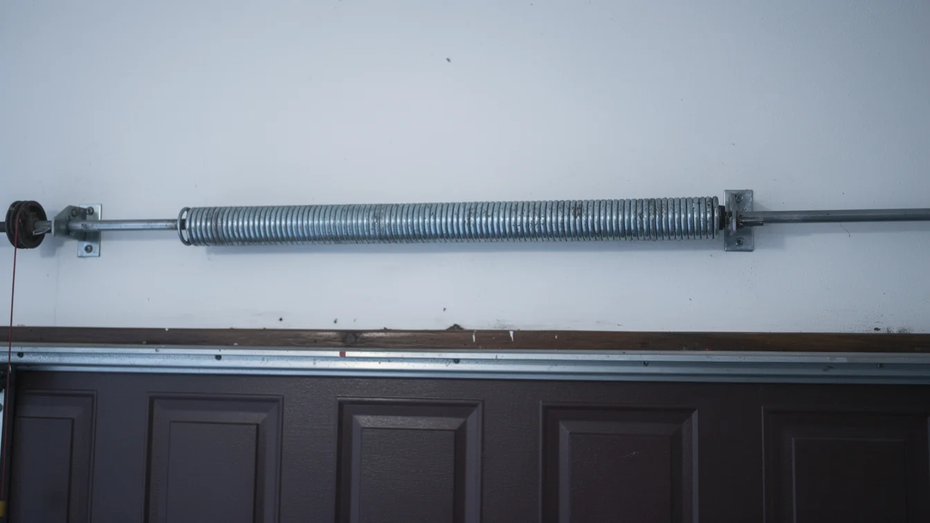 A garage door torsion spring is mounted above a brown garage door.