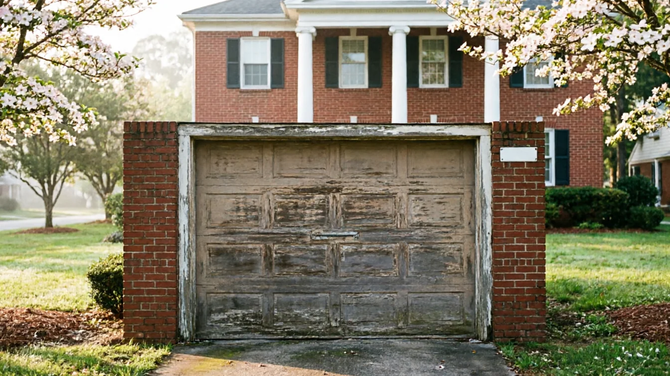 The old wooden garage door has peeling paint and is set in a brick frame.