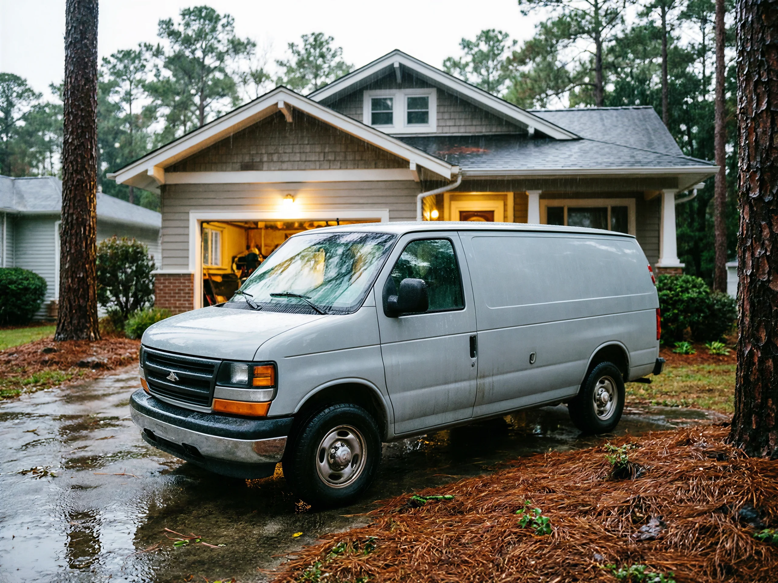 A gray service van is parked in a wet driveway in front of a house.