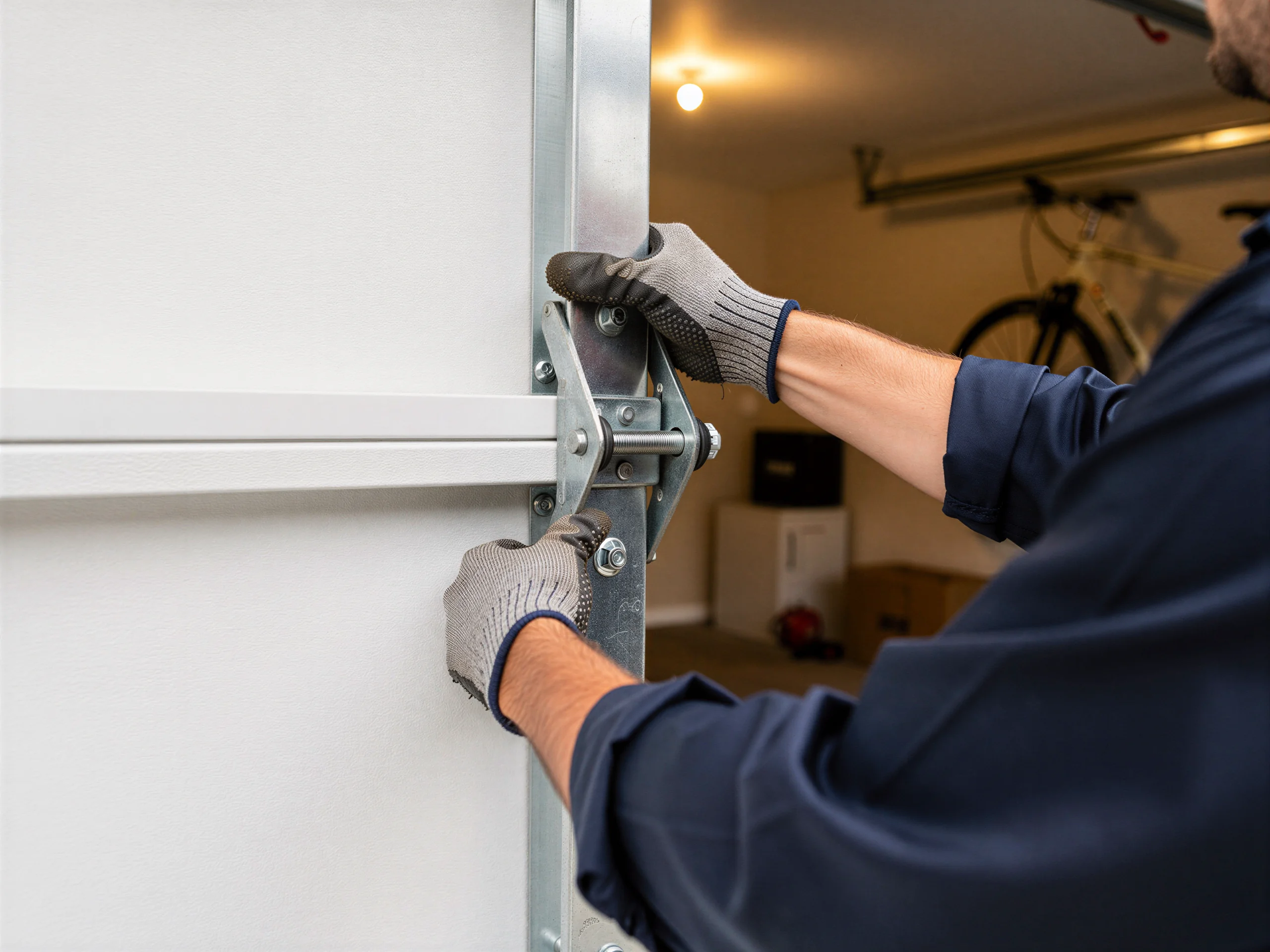 A technician in gloves adjusts a garage door hinge.