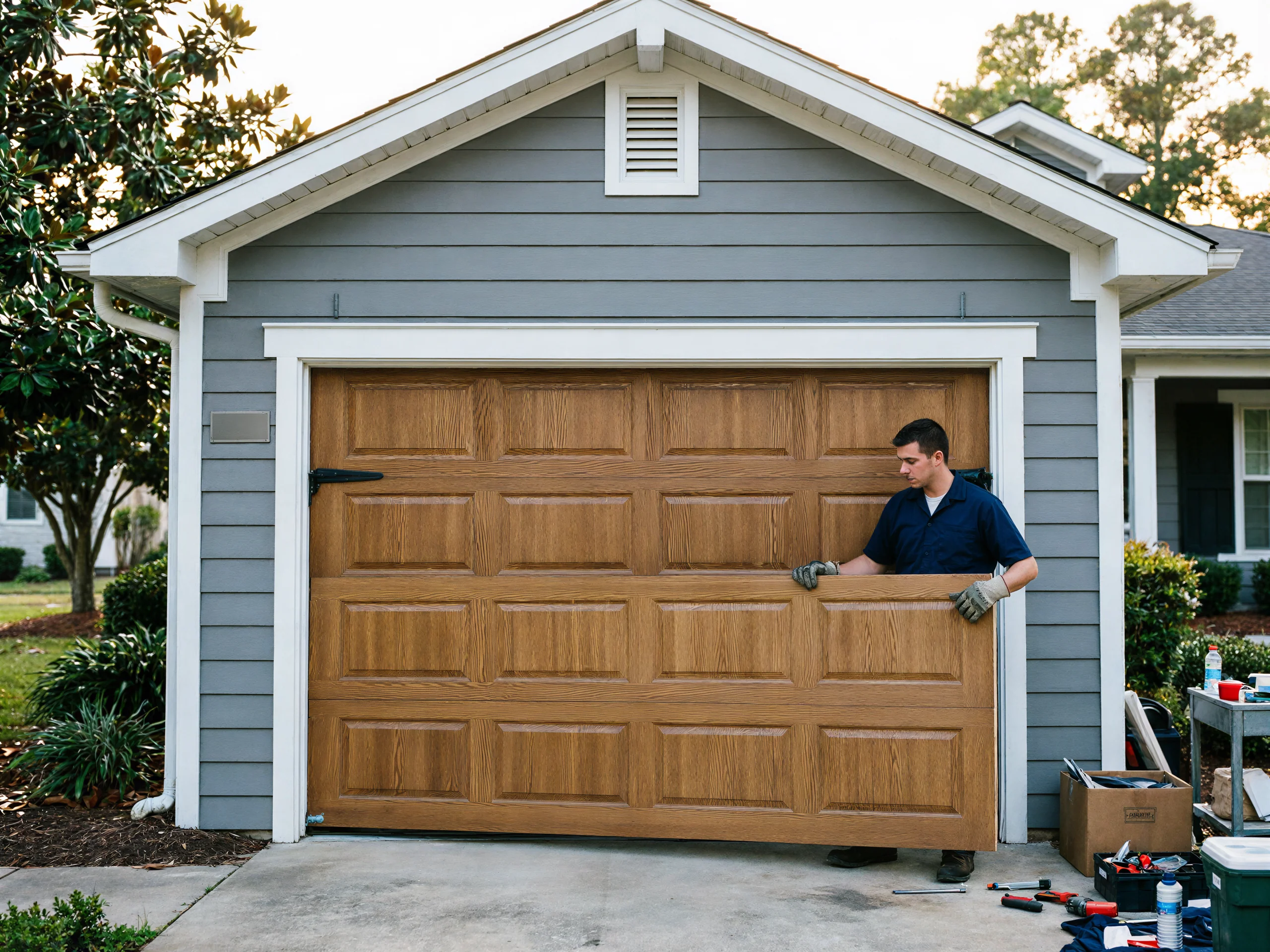A technician installs a brown garage door on a gray house.