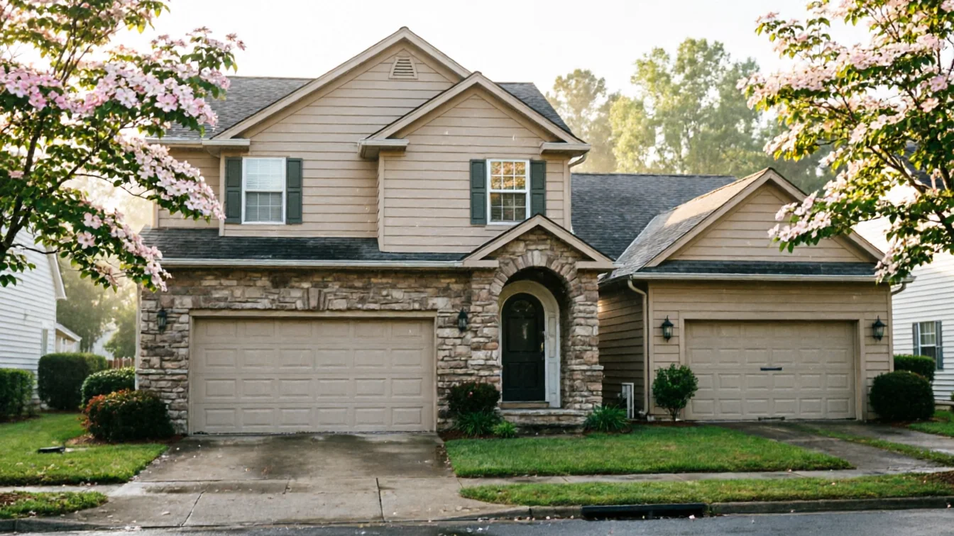 A two-story house with two beige garage doors and stone accents.