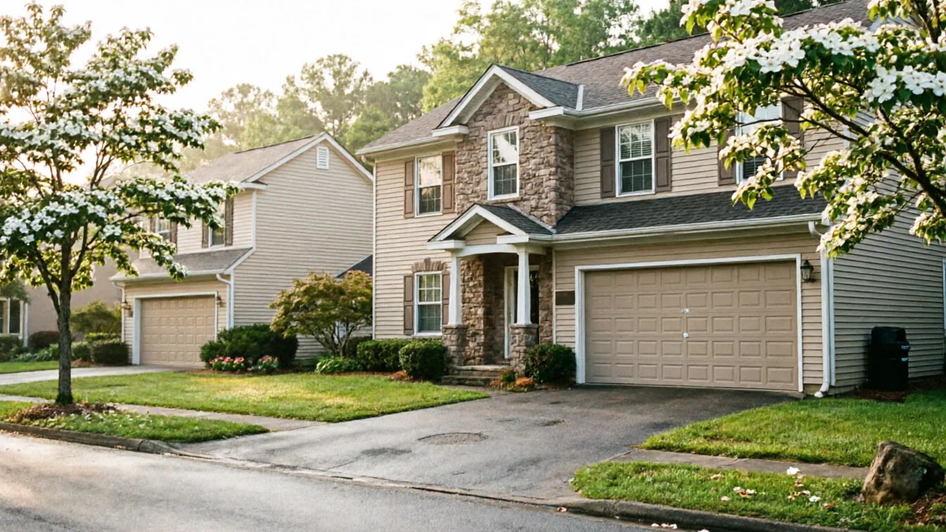 Two houses with tan garage doors and flowering trees line a street.